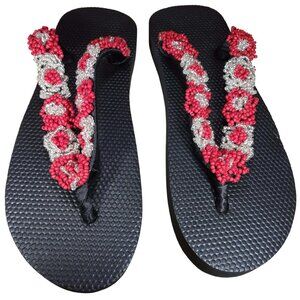 Beaded Flip Flops for Women Summer Style Sandals - (Red, Silver)